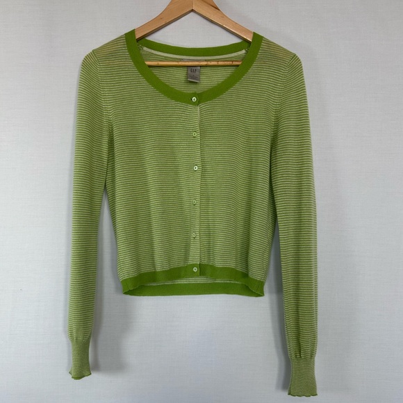 Gap 100% Cashmere Lightweight Cardigan Sweater Apple Green and White Stripes EUC - Picture 5 of 11